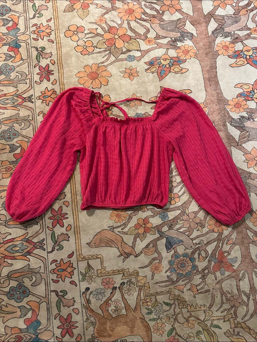 Pink Lily Red Peasant Crop Top with Balloon Sleeves